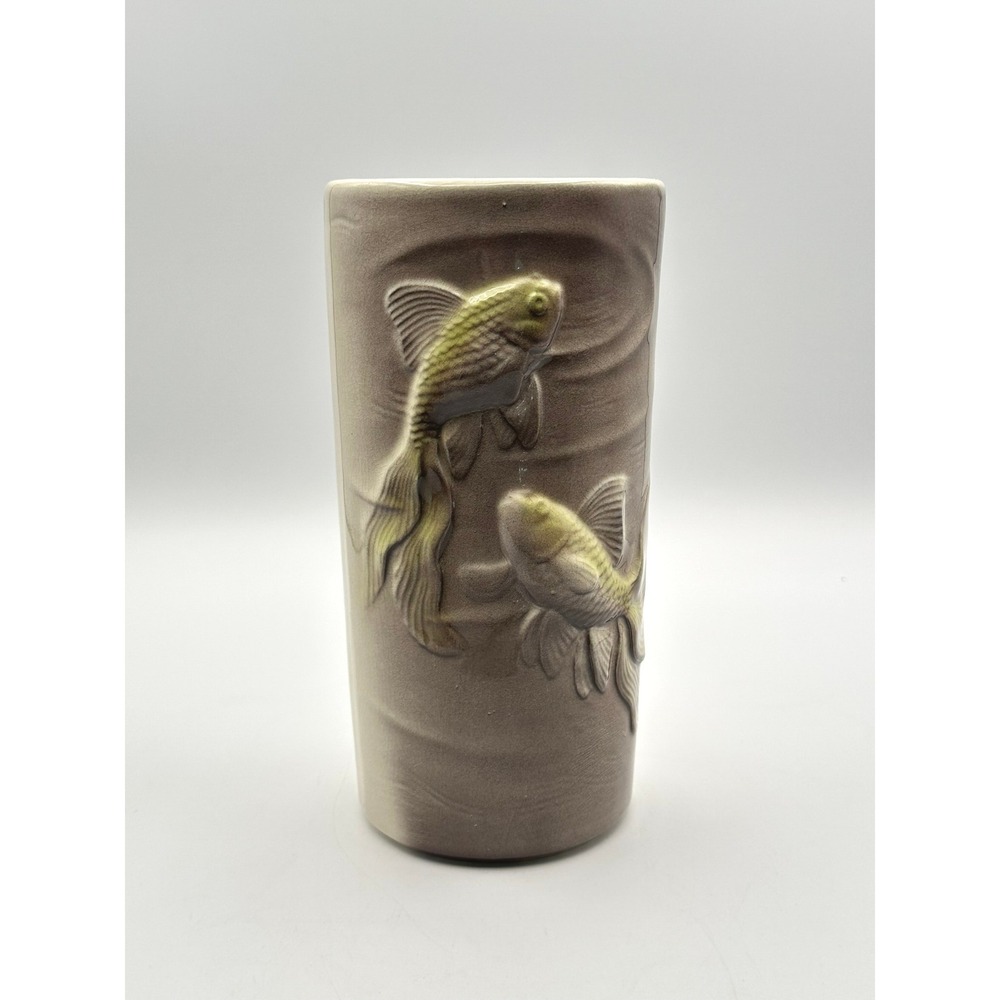 Vintage Royal Copley Koi Fish Ceramic Vase Grey Cream MCM Art Pottery 8.5"